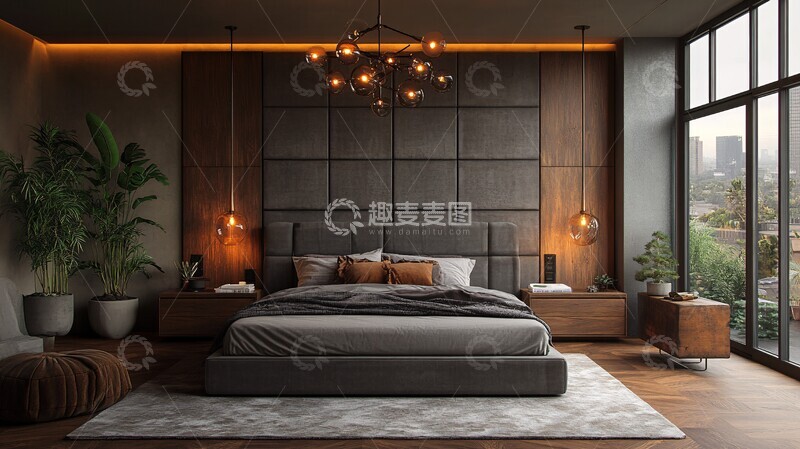 高清大图下载【趣麦麦图】灰色床木质床头1