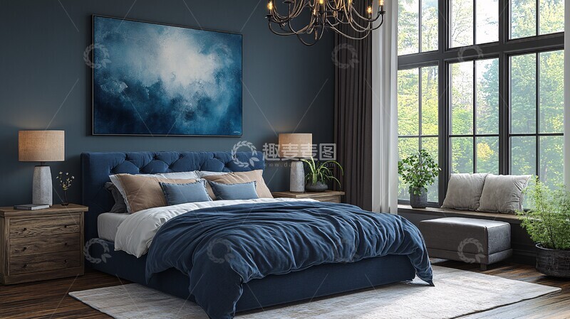 高清大图下载【趣麦麦图】蓝色床铺木质床头8