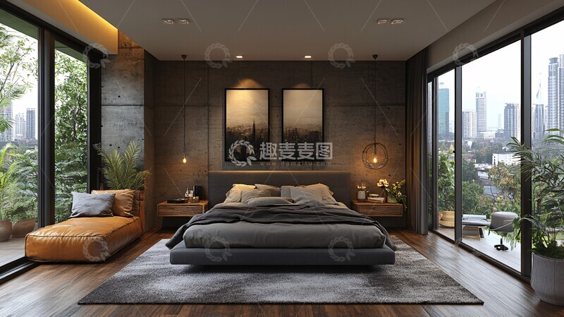 高清大图下载【趣麦麦图】灰色床木质床头2