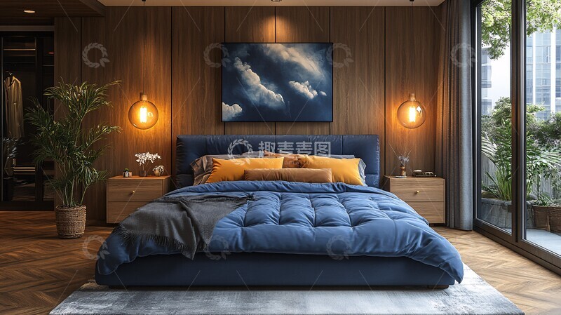 高清大图下载【趣麦麦图】蓝色床铺木质床头1