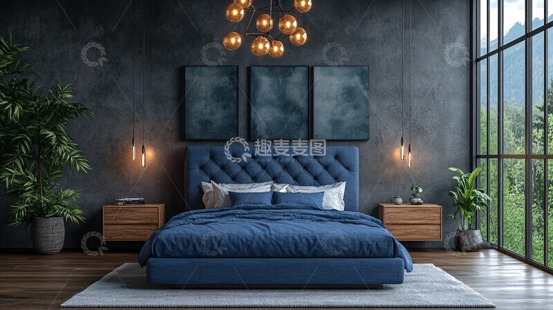 高清大图下载【趣麦麦图】蓝色床铺木质床头7