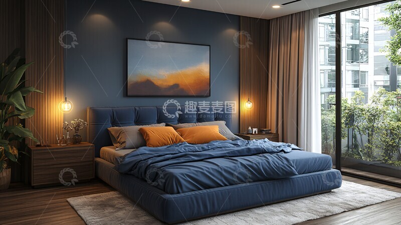 高清大图下载【趣麦麦图】蓝色床铺木质桌椅