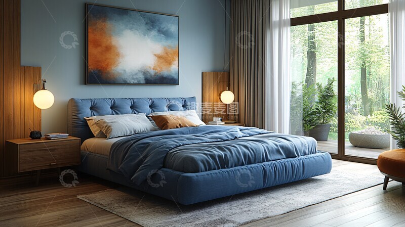 高清大图下载【趣麦麦图】蓝色床铺木质桌椅2