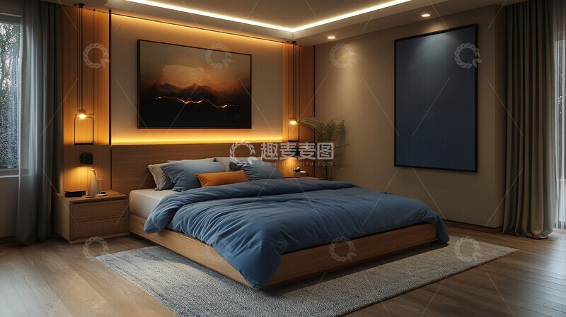 高清大图下载【趣麦麦图】蓝色床铺木质桌椅3