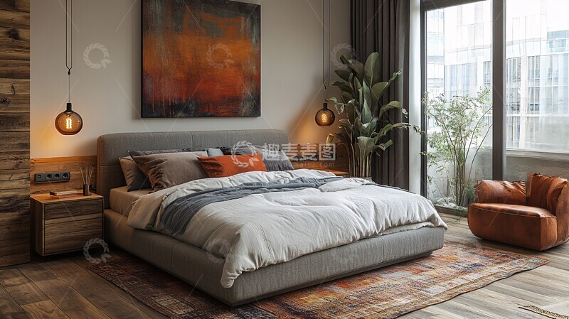 高清大图下载【趣麦麦图】灰色床木质床头柜13