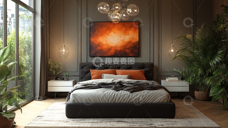 高清大图下载【趣麦麦图】黑白床与抽象画2