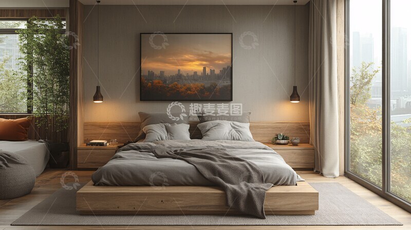 高清大图下载【趣麦麦图】灰色床木质床头柜20