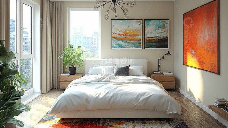 高清大图下载【趣麦麦图】白色床与木地板2