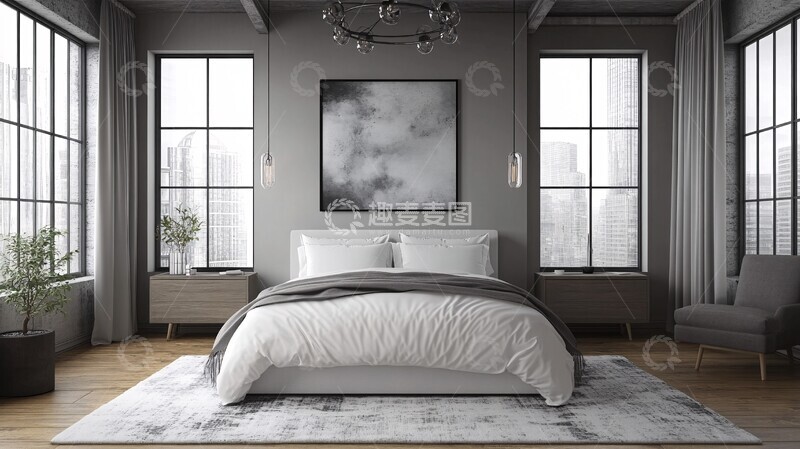 高清大图下载【趣麦麦图】白色床与木地板1