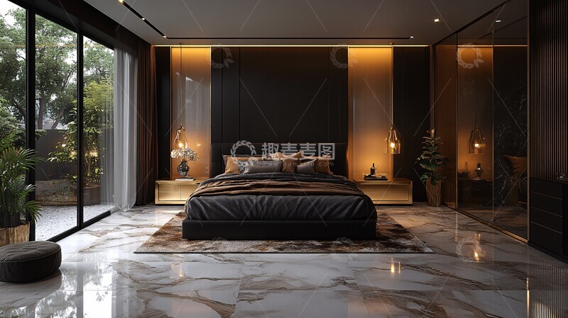高清大图下载【趣麦麦图】黑色床铺金色床头柜10