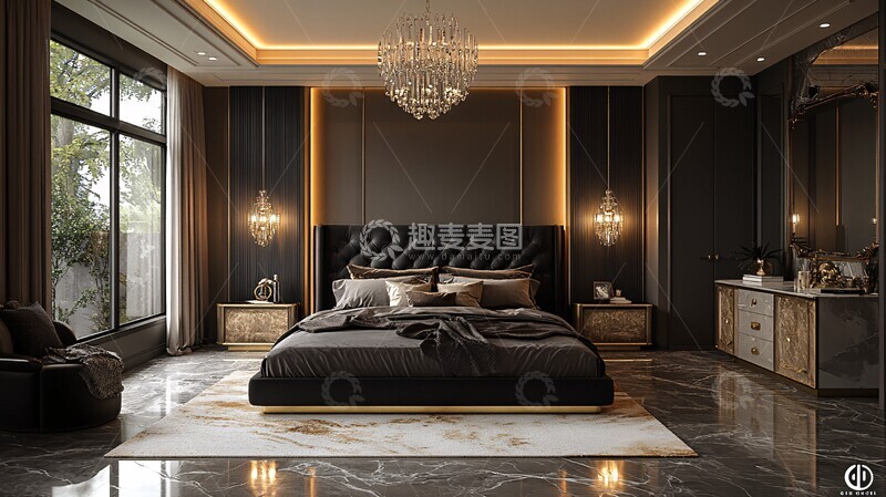 高清大图下载【趣麦麦图】黑色床铺金色床头柜9