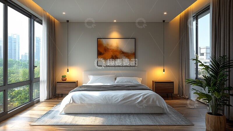高清大图下载【趣麦麦图】白色床与木地板4