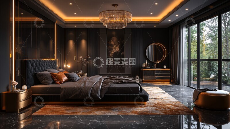 高清大图下载【趣麦麦图】黑色床铺金色床头柜11