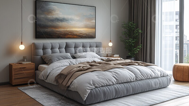 高清大图下载【趣麦麦图】灰色床木质床头柜17