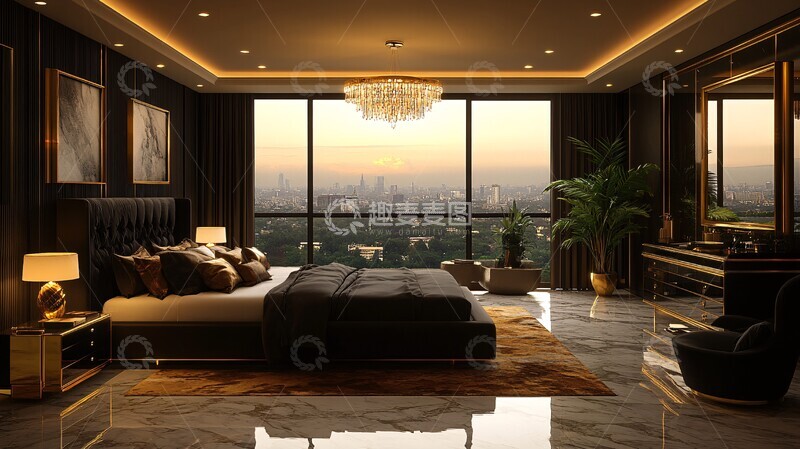 高清大图下载【趣麦麦图】黑色床铺金色床头柜8