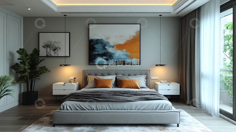 高清大图下载【趣麦麦图】灰色床与白色床头柜