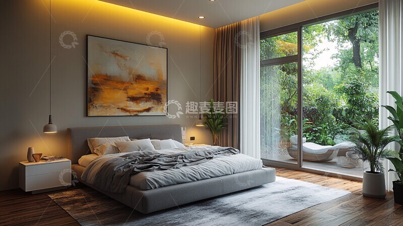 高清大图下载【趣麦麦图】灰色床与白色床头柜2