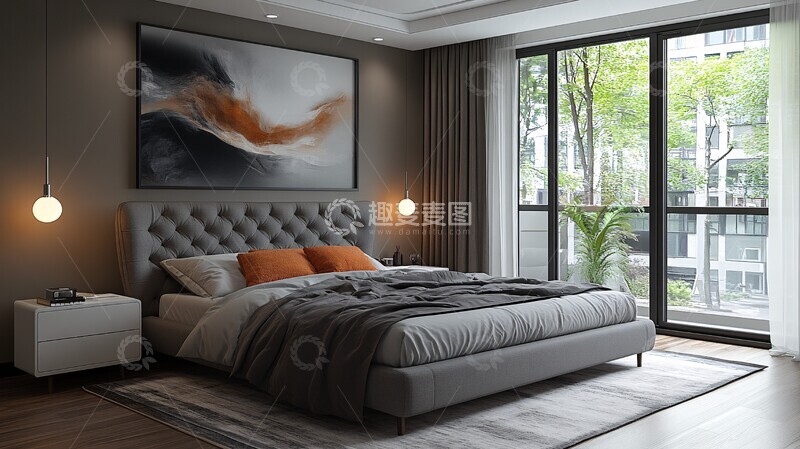 高清大图下载【趣麦麦图】灰色床与白色床头柜1