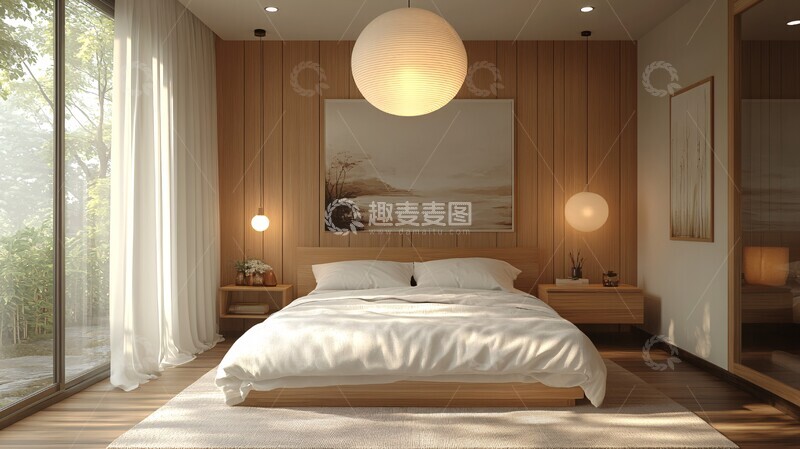 高清大图下载【趣麦麦图】白色床木桌简约灯2