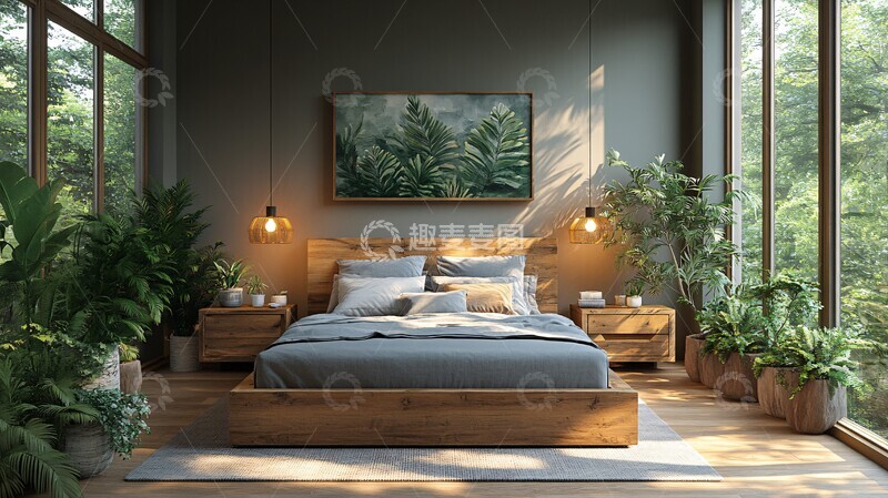 高清大图下载【趣麦麦图】灰色木床简约卧室5
