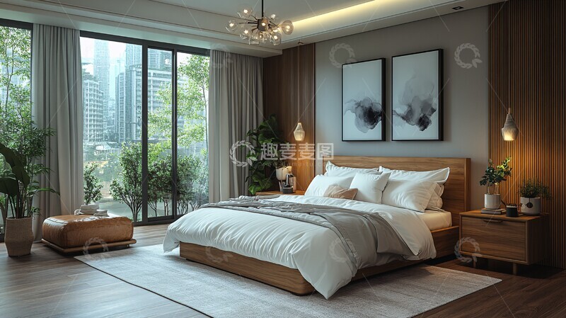 高清大图下载【趣麦麦图】白色床木桌简约灯