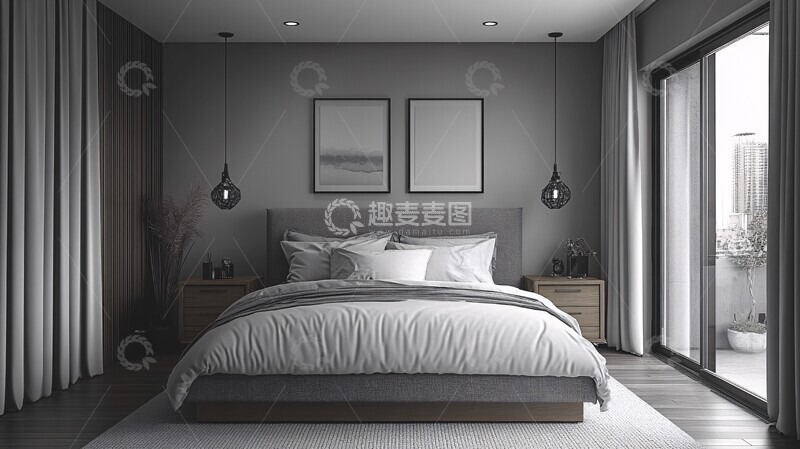 高清大图下载【趣麦麦图】灰色床木质床头柜28