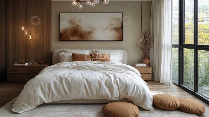 高清大图下载【趣麦麦图】白色床木桌简约灯1