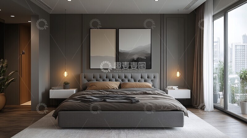 高清大图下载【趣麦麦图】灰色床与白色床头柜3