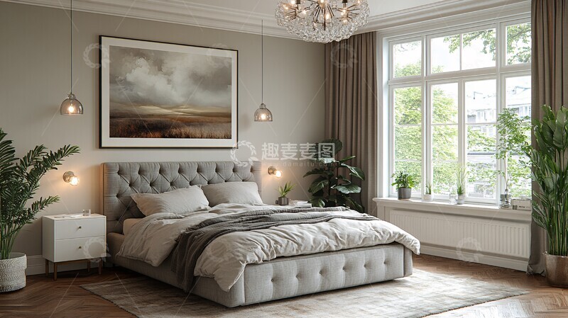 高清大图下载【趣麦麦图】灰色床白色床头柜4