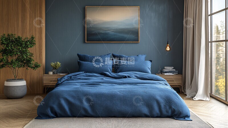 高清大图下载【趣麦麦图】蓝色床铺木质床头14
