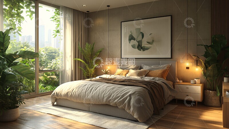 高清大图下载【趣麦麦图】灰色床白色床头柜6