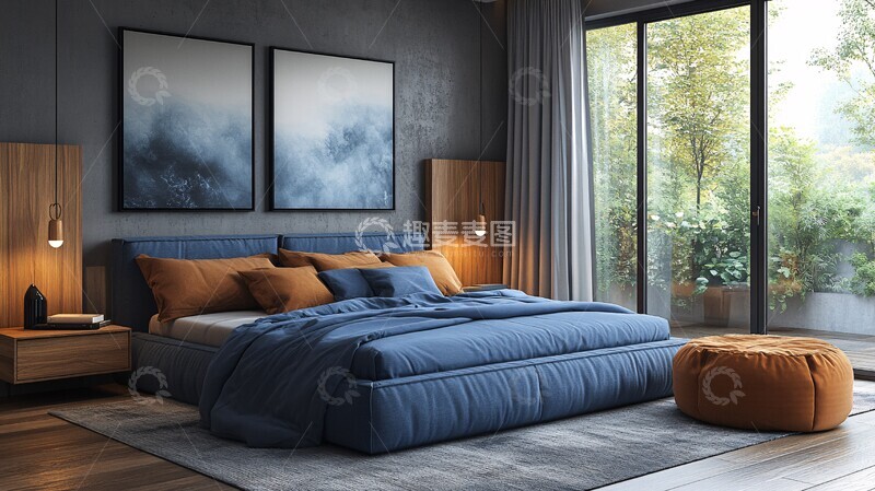 高清大图下载【趣麦麦图】蓝色床铺木质床头15
