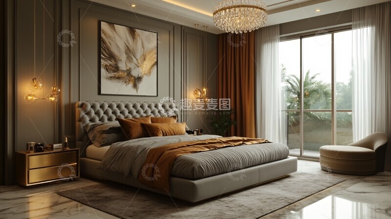 高清大图下载【趣麦麦图】灰床金桌现代卧室1