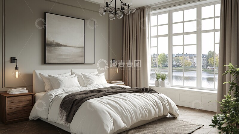 高清大图下载【趣麦麦图】白色床铺木质床头2