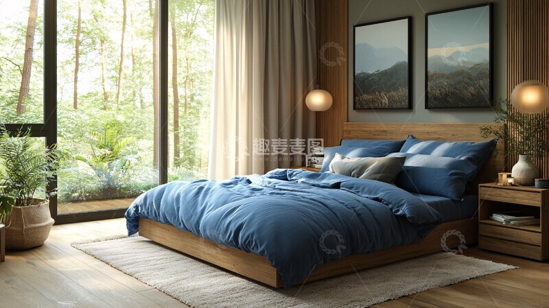 高清大图下载【趣麦麦图】蓝色床铺木质床头16