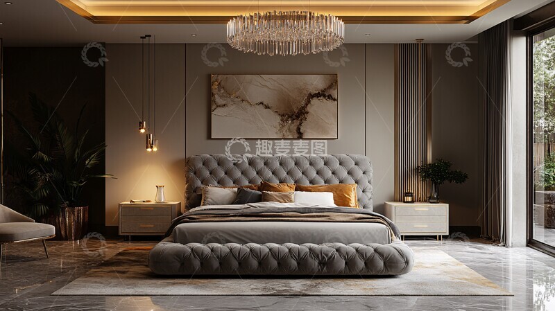 高清大图下载【趣麦麦图】灰床金桌现代卧室