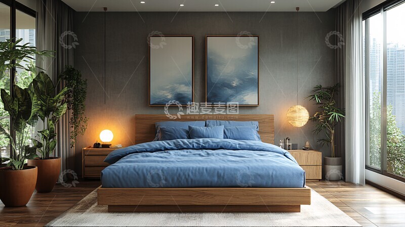 高清大图下载【趣麦麦图】蓝色床铺木质床头13