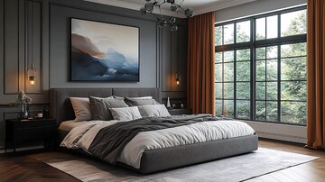 灰床黑桌简约卧室