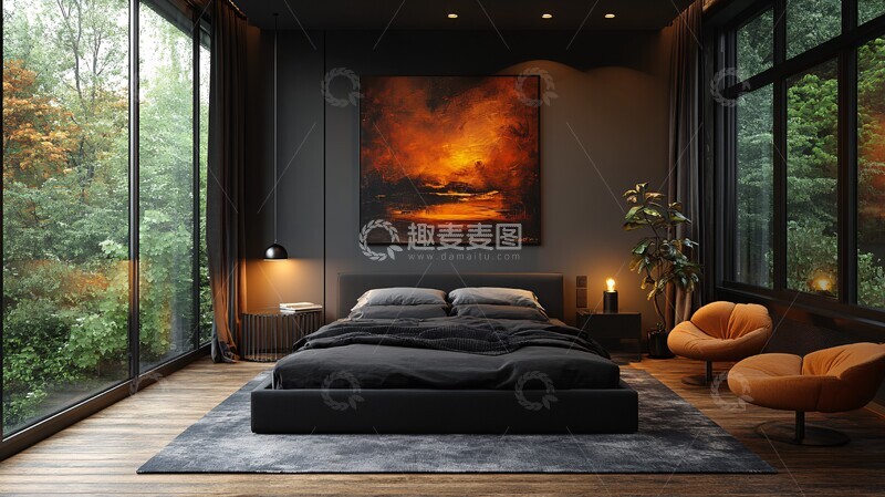 高清大图下载【趣麦麦图】-黑床金属桌木地板2