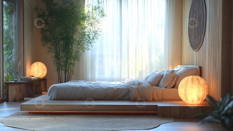 高清大图下载【趣麦麦图】日式床铺木床纸灯1