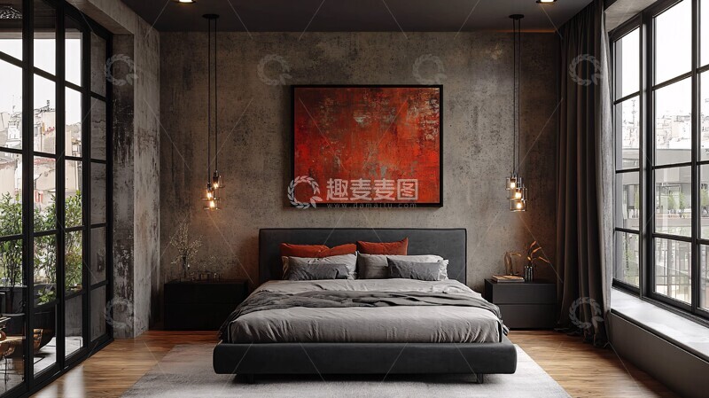 高清大图下载【趣麦麦图】-灰床黑桌简约卧室1