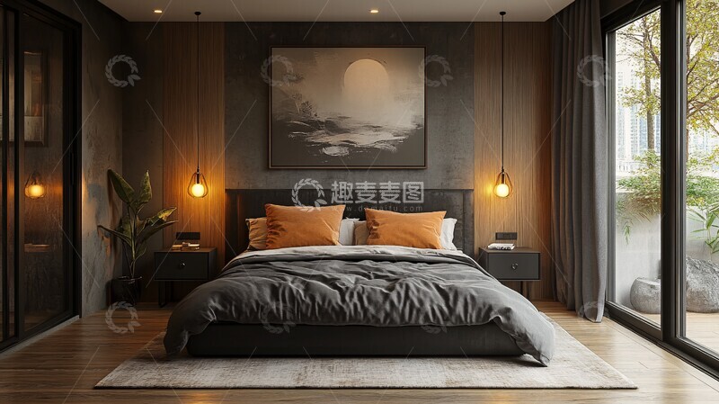 高清大图下载【趣麦麦图】黑床金属桌木地板1