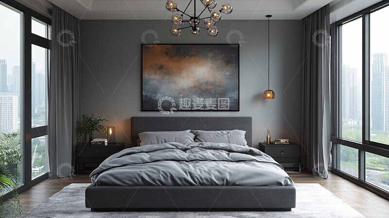 高清大图下载【趣麦麦图】灰床黑桌简约卧室3