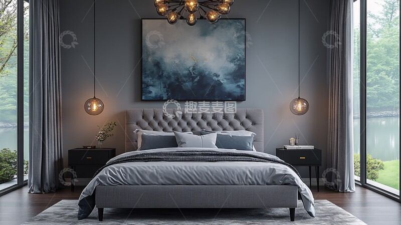 高清大图下载【趣麦麦图】-灰床黑桌简约卧室2