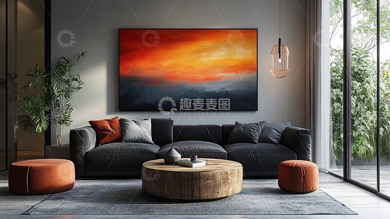 高清大图下载【趣麦麦图】黑沙发木桌抽象画2