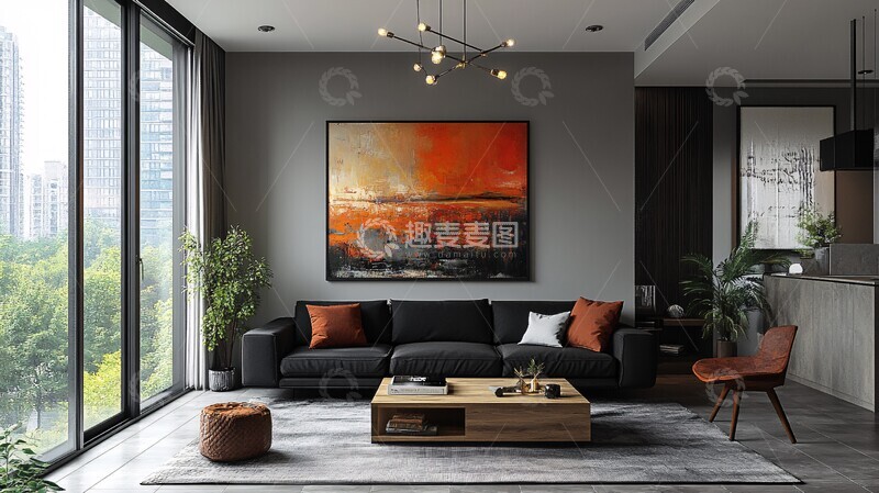 高清大图下载【趣麦麦图】黑沙发木桌抽象画