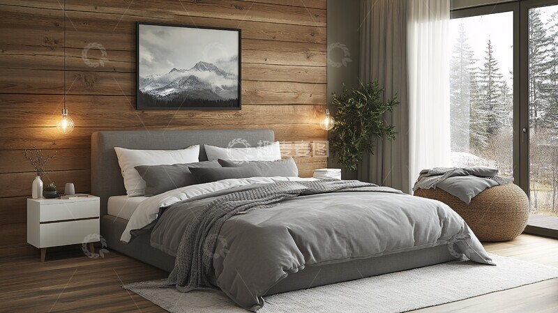 高清大图下载【趣麦麦图】灰色床白色床头柜2