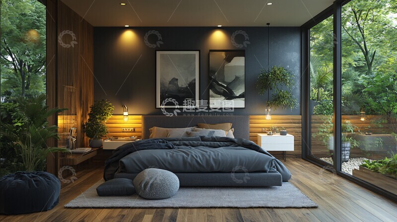 高清大图下载【趣麦麦图】灰色床白色床头柜3