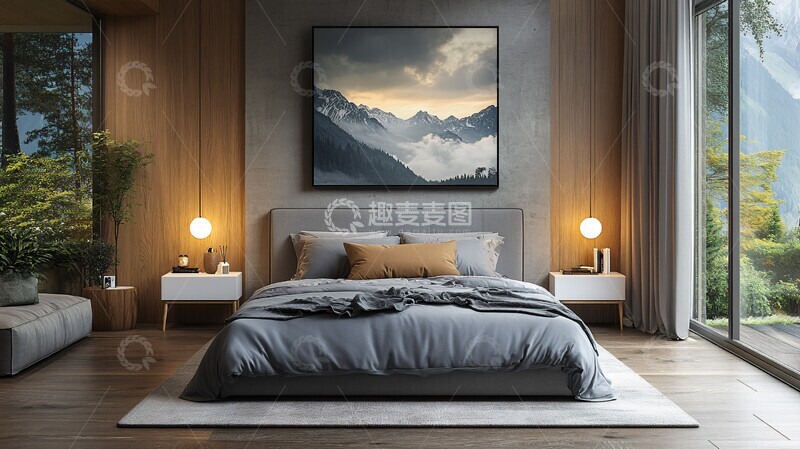 高清大图下载【趣麦麦图】灰色床白色床头柜1