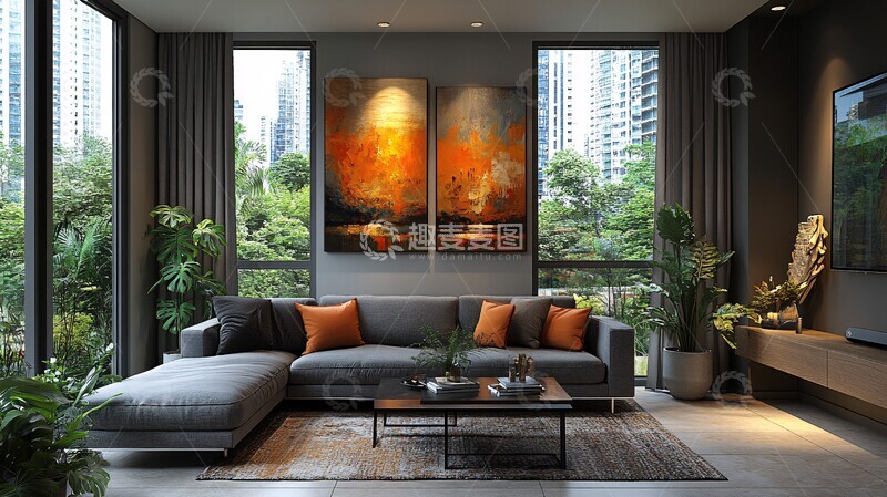 高清大图下载【趣麦麦图】灰沙发金属桌艺术墙4